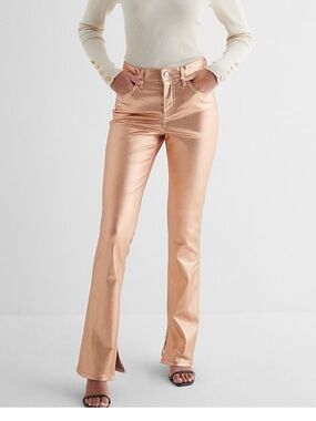 Metallic Rose Gold Women's Jeans Express Mid Rise Coated Skyscraper slit hem NWT
